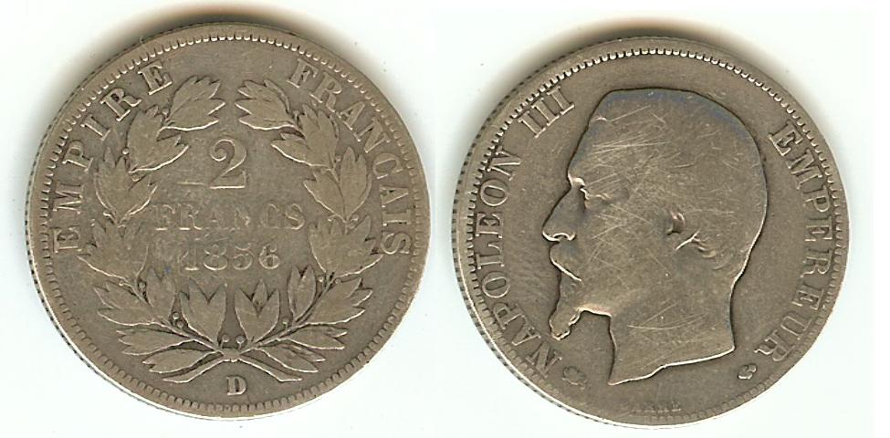 2 francs Napoléon III, tête nue, 1856D B+ à TB